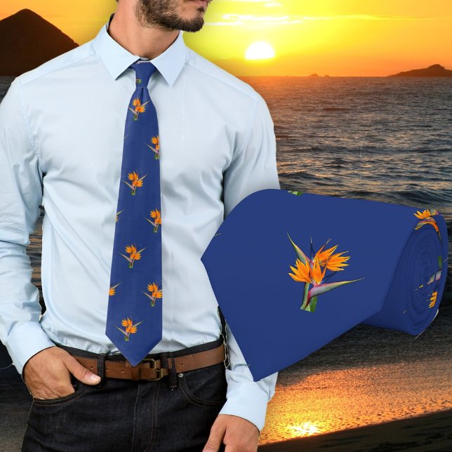 Gravata Azul Marinho com Flores de Ave do Paraíso (Criador carregado)