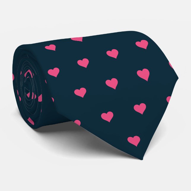 Gravata Azul Marinho e Corações Rosa (Rolled)