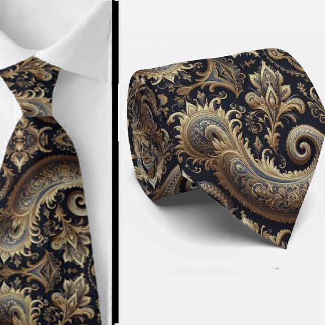 Gravata azul marinho e dourada com paisley em jacq (Criador carregado)