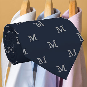 Gravata Azul Marinho Elegante Cinza Monograma Personalizad