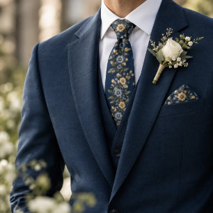 Gravata Azul Marinho Marfim Floral Central Herança