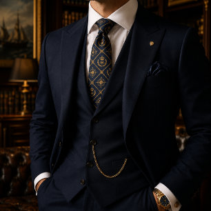 Gravata Azul Marinho Real e Coroa de Luxo Regalia Dourada