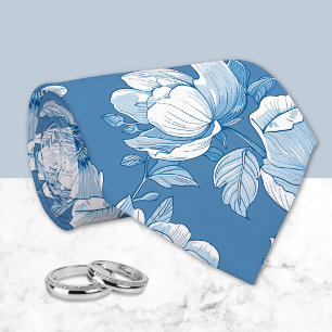 Gravata Azul Médio e Branco Chinoiserie Floral