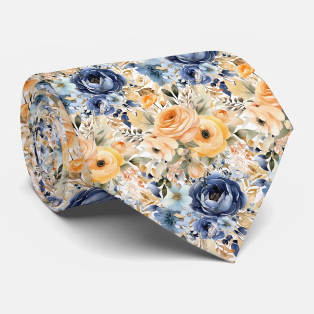 Gravata Azul Naval Empoeirado e Rosas Flores Floral Pêsseg (Rolled)