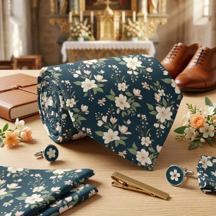 Gravata Azul Naval Floral Flor de Branco