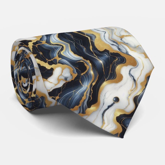 Gravata Azul Profissional, Branco e Mármore Dourado (Rolled)