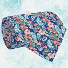 Gravata Azul Real Turquesa Laranja Floral Vintage Paisley