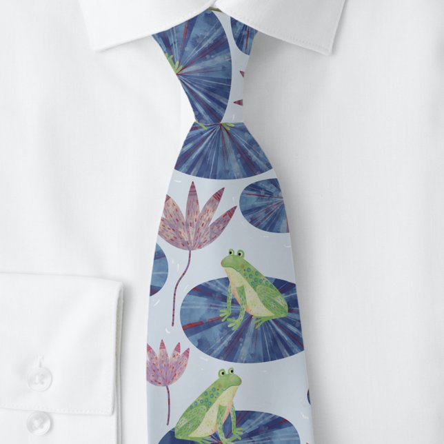 Gravata Azul sapo (Fun frog themed blue watercolor art neck tie)