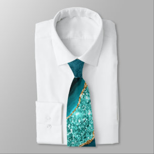 Gravata Azul Teal Dourado Marble Aqua Turquoise Tie