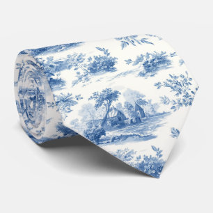 Gravata Azul vintage padrão floral Toile de Jouy francês