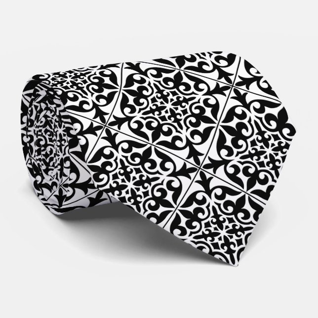Gravata Azulejo marroquino - branco com fundo preto (Rolled)