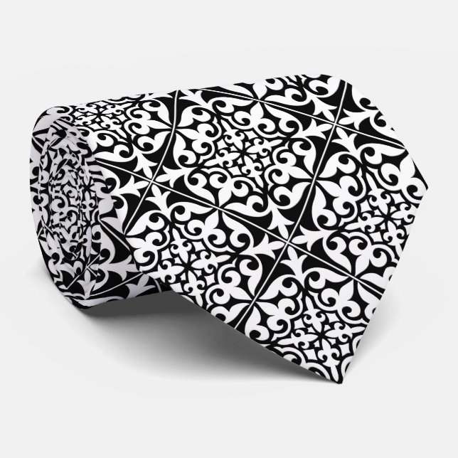 Gravata Azulejo marroquino - preto com fundo branco (Rolled)