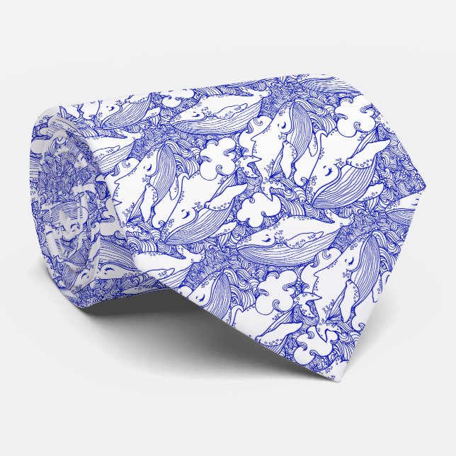 Gravata Baleia Jubarte Azul e Branca (Rolled)