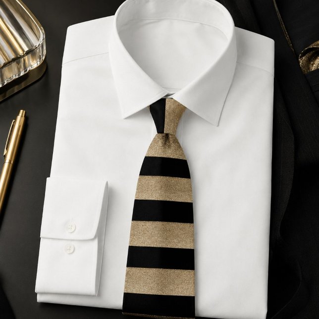 Gravata bandas modernas, geométricas, pretas e douradas (modern chic geometric black and gold stripes neck tie)