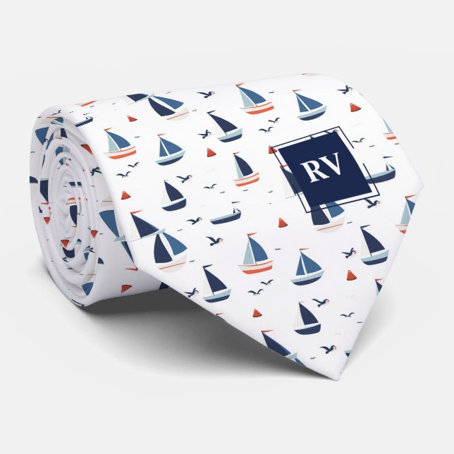 Gravata Barcos à Vela no Mar Monogramados (Rolled)