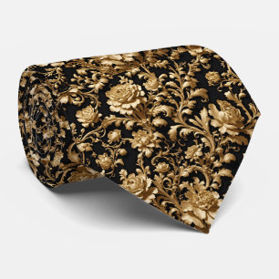 Gravata Barroco flamengo Negro e Dourado Necktie Floral