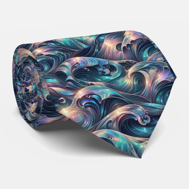 Gravata Beach Lovers Tie | Holographic Ocean Waves Pattern (Rolled)