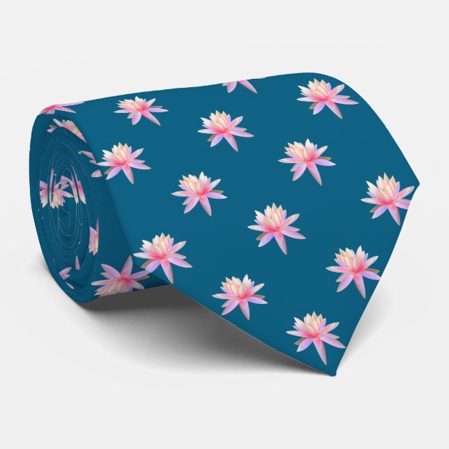 Gravata Beautiful Pink Lily Lotus Flower Pattern on Blue (Rolled)