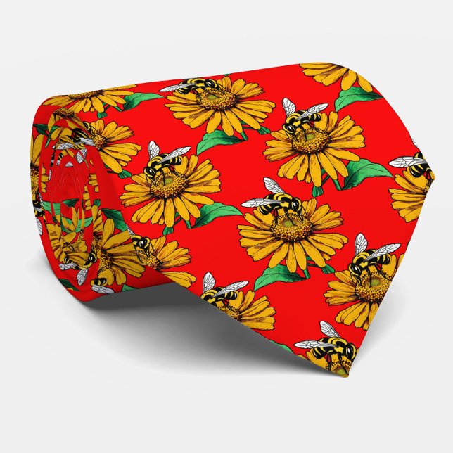 Gravata Bee on Sunflower Flower Pattern Design Red  (Criador carregado)