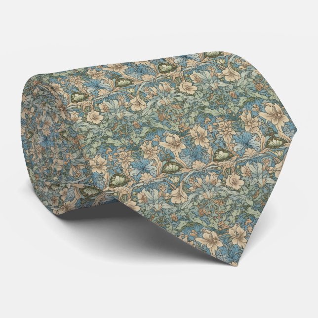 Gravata Bege Azul Verde Floral Masculino (Rolled)