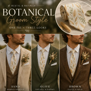 Gravata Bege Suave Motivos Delicados de Hera e Florais