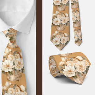 Gravata Beige Dourado Tan Ivory White Watercolor Floral