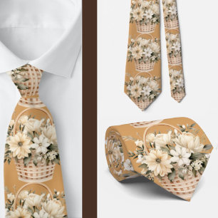 Gravata Beige Dourado Tan Ivory White Watercolor Floral
