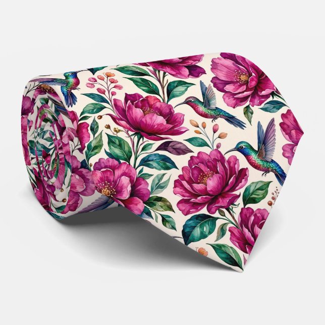 Gravata Beija-flores e Flores | Seda Falsa Aquarela (Rolled)