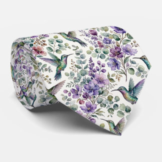 Gravata Beija-flores e Flores | Seda Falsa Aquarela
