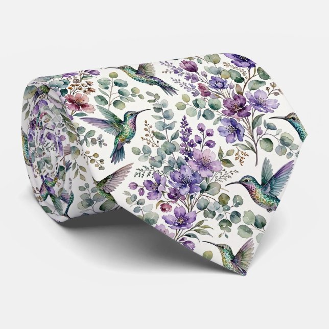 Gravata Beija-flores e Flores | Seda Falsa Aquarela (Rolled)