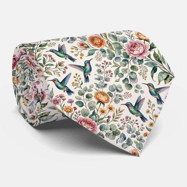 Gravata Beija-flores e Flores | Seda Falsa Aquarela (Rolled)