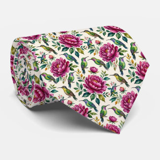Gravata Beija-flores e Flores | Seda Falsa Aquarela