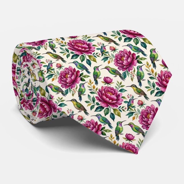 Gravata Beija-flores e Flores | Seda Falsa Aquarela (Rolled)