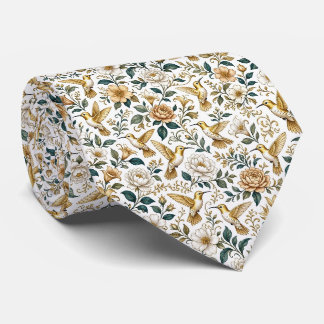 Gravata Beija-flores e Flores | Seda Falsa Aquarela