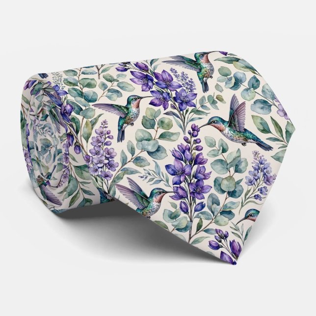 Gravata Beija-flores e Flores | Seda Falsa Aquarela (Rolled)