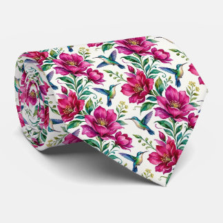 Gravata Beija-flores e Flores | Seda Falsa Aquarela