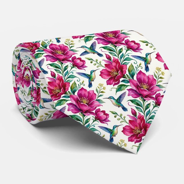 Gravata Beija-flores e Flores | Seda Falsa Aquarela (Rolled)