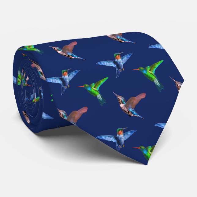Gravata Beija-flores Modernos em Azul Marinho (Rolled)