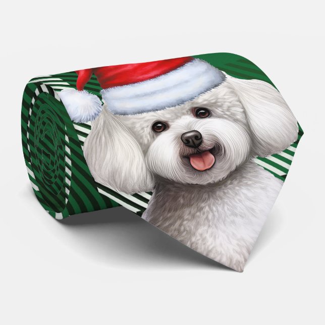 Gravata Bichon Frise Dog e Xadrez Verde Natal (Rolled)