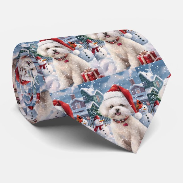 Gravata Bichon Frise Dog Winter Wonderland Natal Joy (Rolled)