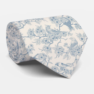 Gravata Birds and cherry blossom in blue and off white