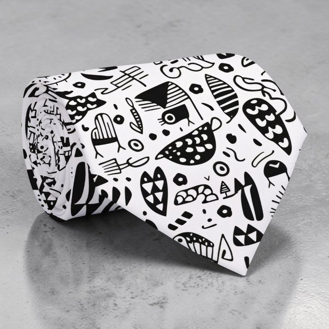 Gravata Black and White Doodles Custom Necktie (Criador carregado)