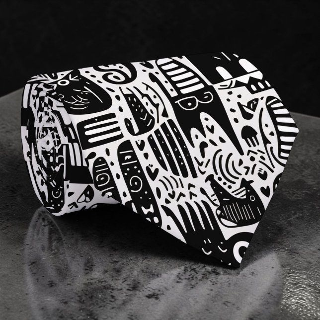 Gravata Black and White Doodles Custom Necktie (Criador carregado)
