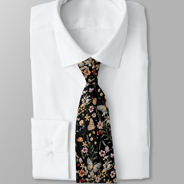 Gravata Black Boho (Black Boho Floral Neck Tie with Butterflies by Painted Paperie
)