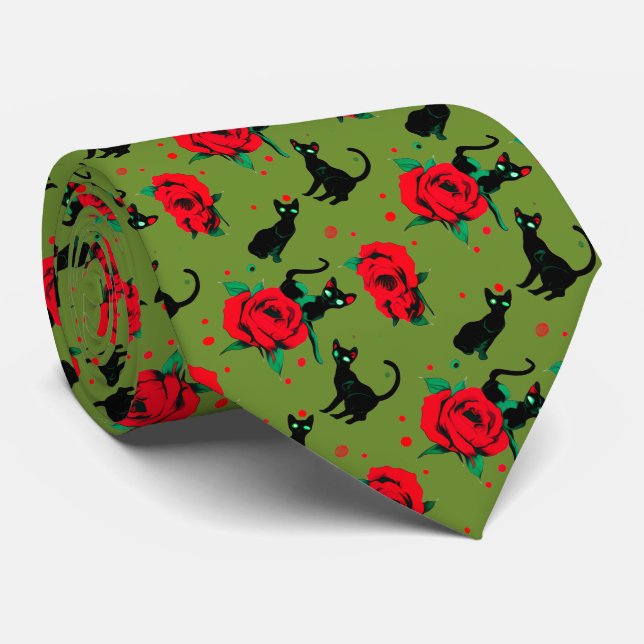 Gravata Black Cats Red Roses Pattern Dark Valentine (Rolled)