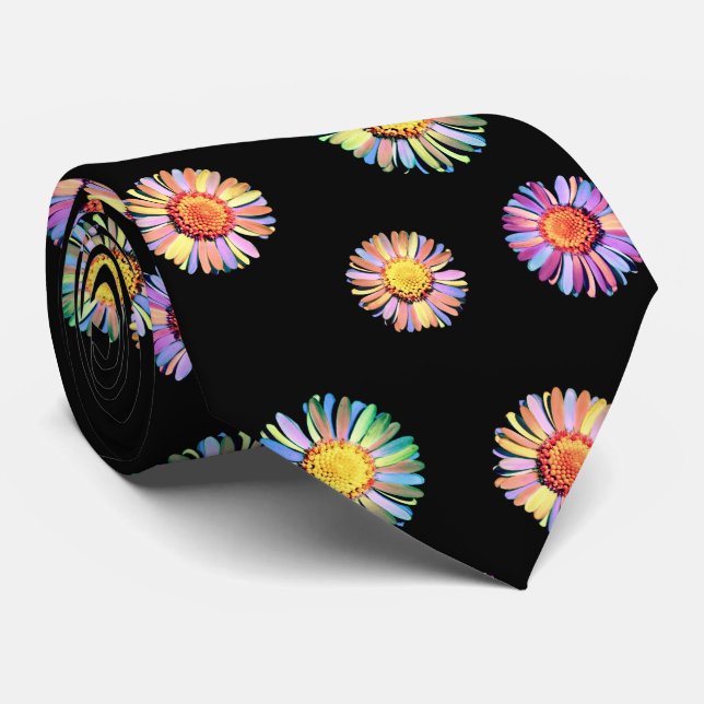 Gravata Black Elegant e Colorful Floral Boho Daisy (Rolled)