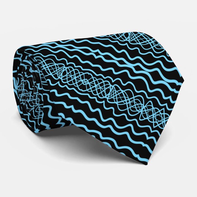 Gravata Blue On Black Curvy Twisty Line Drawing Pattern   (Rolled)