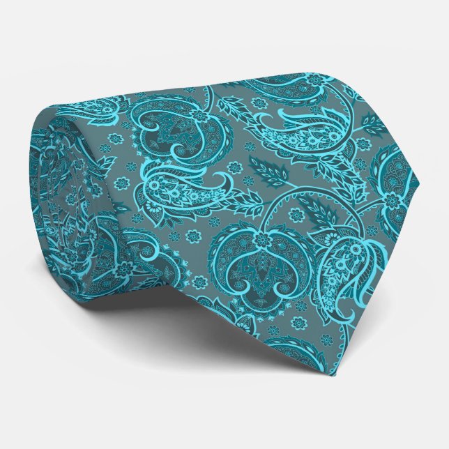 Gravata Blue paisley damask floral oriented ethnic patten (Rolled)