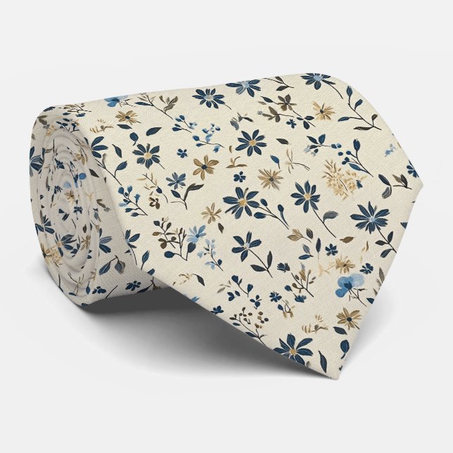 Gravata Blue Wildflower Meadow in Cream Weds (Rolled)
