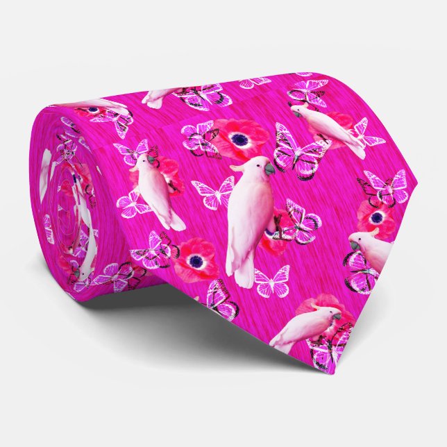 Gravata Blush Paradise: Harmonia de Cockatoas e Borboletas (Rolled)